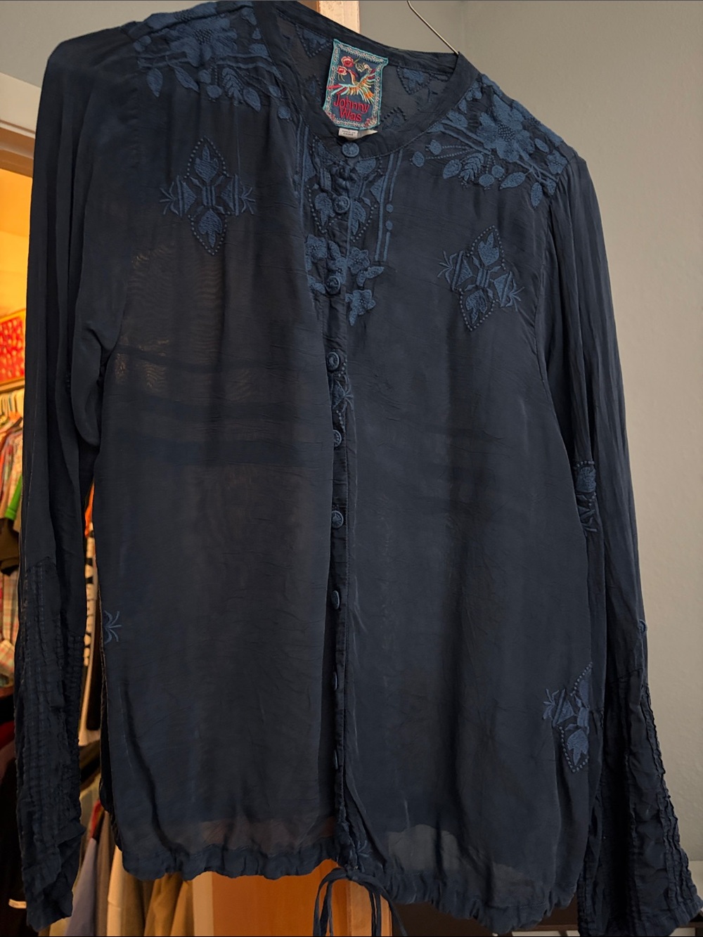 Johnny Was Navy Sheer Embroidered Button-Front Blouse